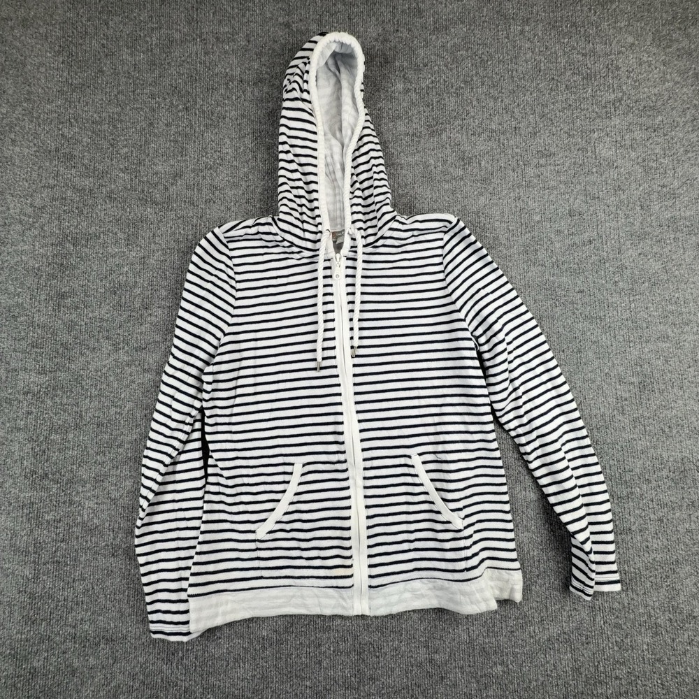 Talbots Jacket Womens Large White Navy Stripe Hooded Full Zip Lightweight Jersey